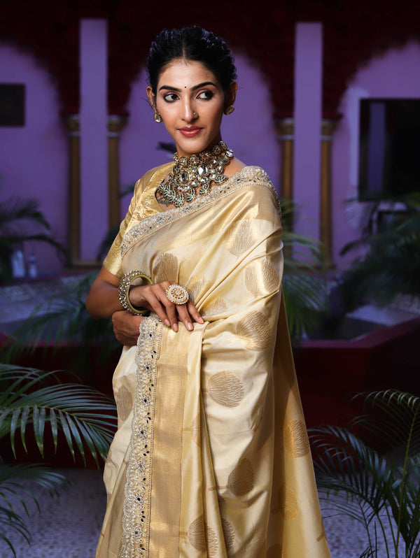 Banarasee Handwoven Semi Silk Saree With Zari Buta Design & Lace-Cream