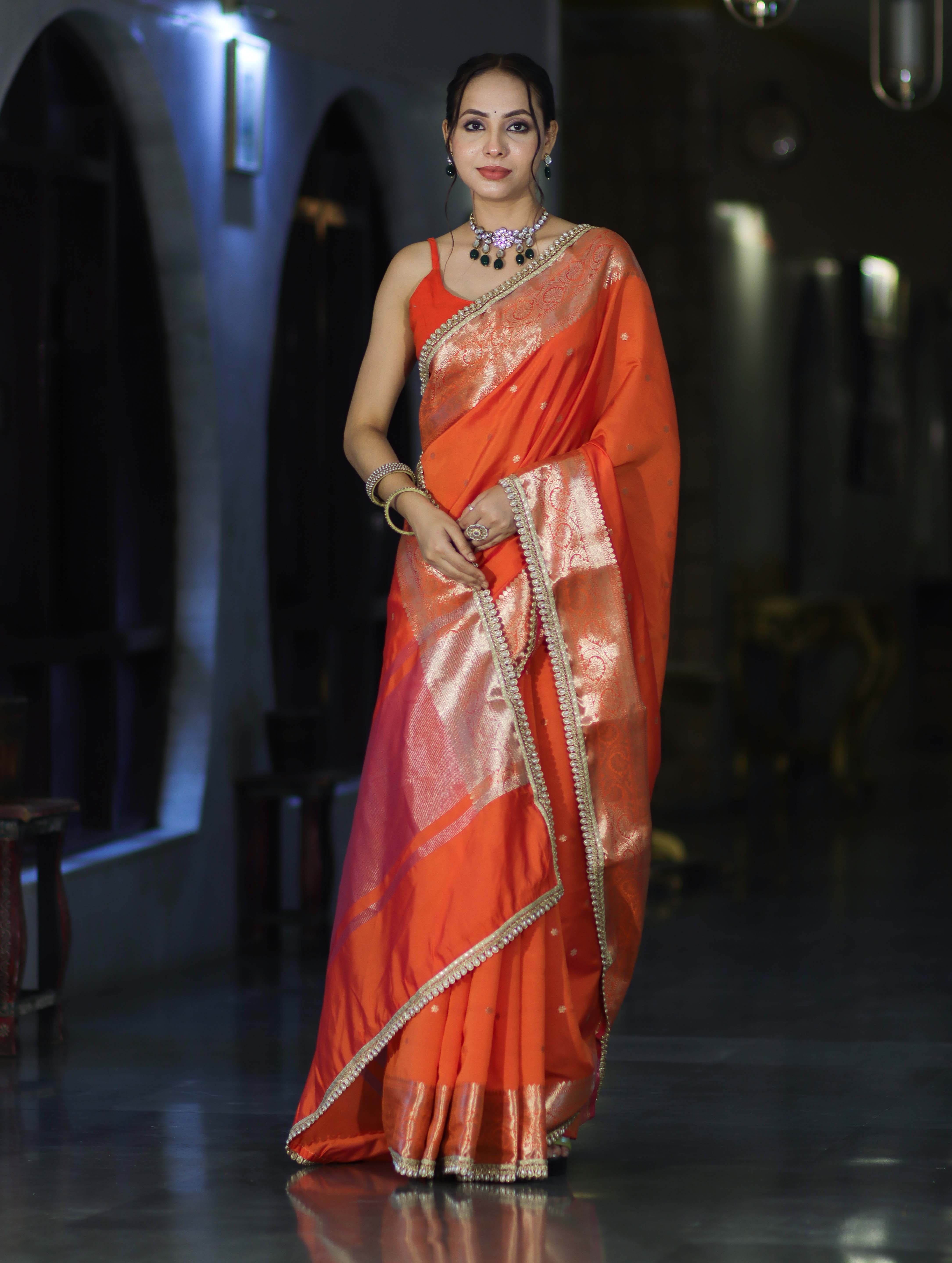 Banarasee Handloom Semi Silk Saree With Buti Design Zari Border & Lace-Orange
