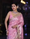 Banarasee Handloom Semi Silk Saree With Silver Zari Work Border & Lace-Light Pink