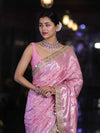 Banarasee Handloom Semi Silk Saree With Silver Zari Work Border & Lace-Light Pink