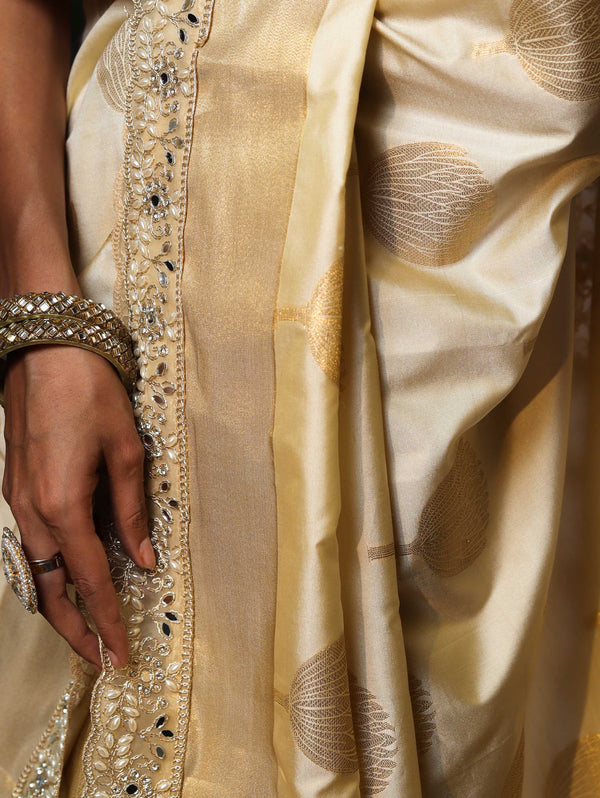 Banarasee Handwoven Semi Silk Saree With Zari Buta Design & Lace-Cream