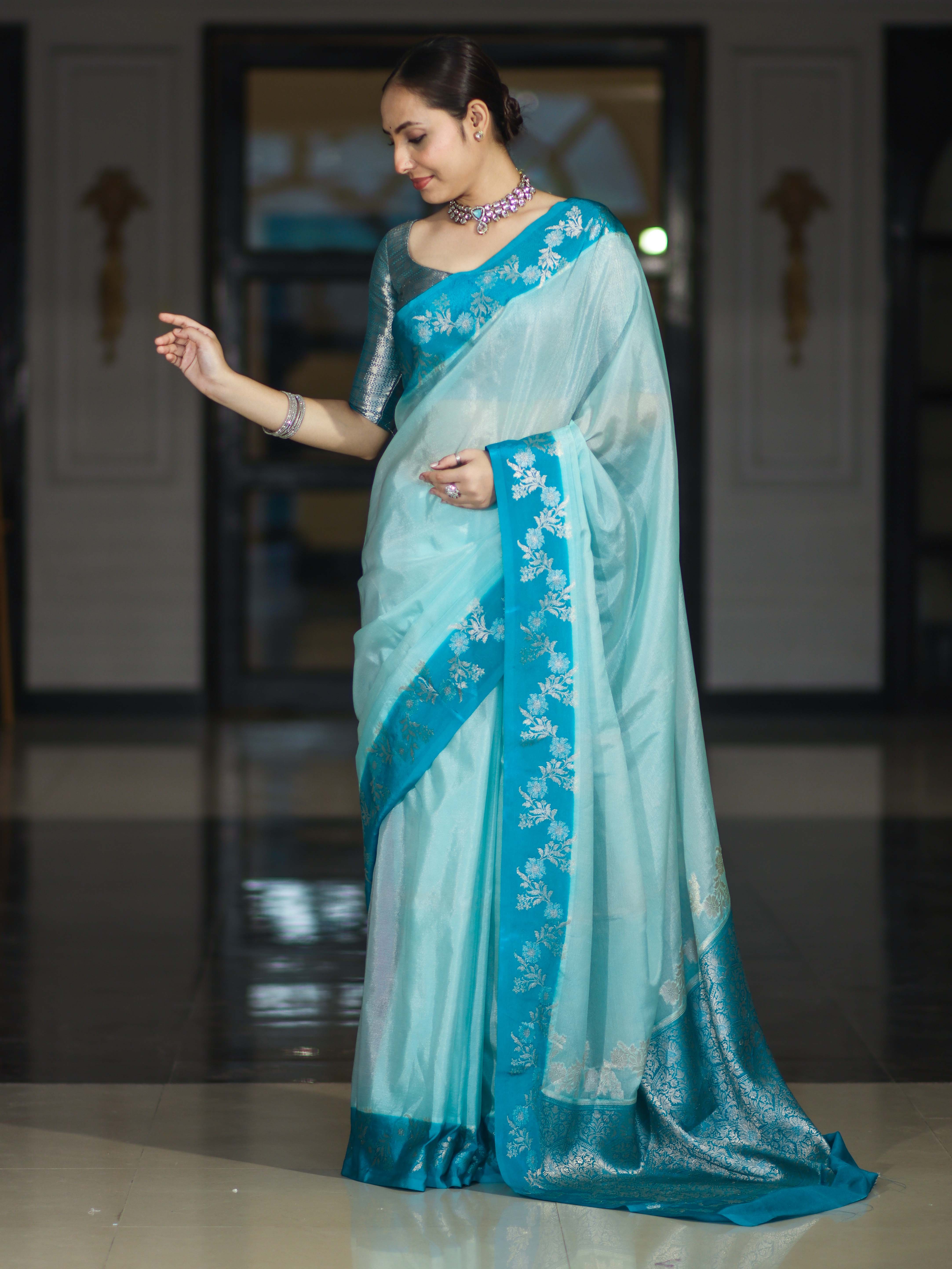 Banarasee Handloom Plain Semi Silk Saree With Contrast Floral Border-Turquoise Blue