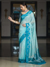 Banarasee Handloom Plain Semi Silk Saree With Contrast Floral Border-Turquoise Blue