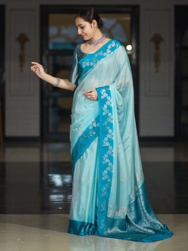 Banarasee Handloom Plain Semi Silk Saree With Contrast Floral Border-Turquoise Blue