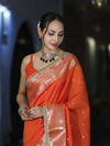 Banarasee Handloom Semi Silk Saree With Buti Design Zari Border & Lace-Orange