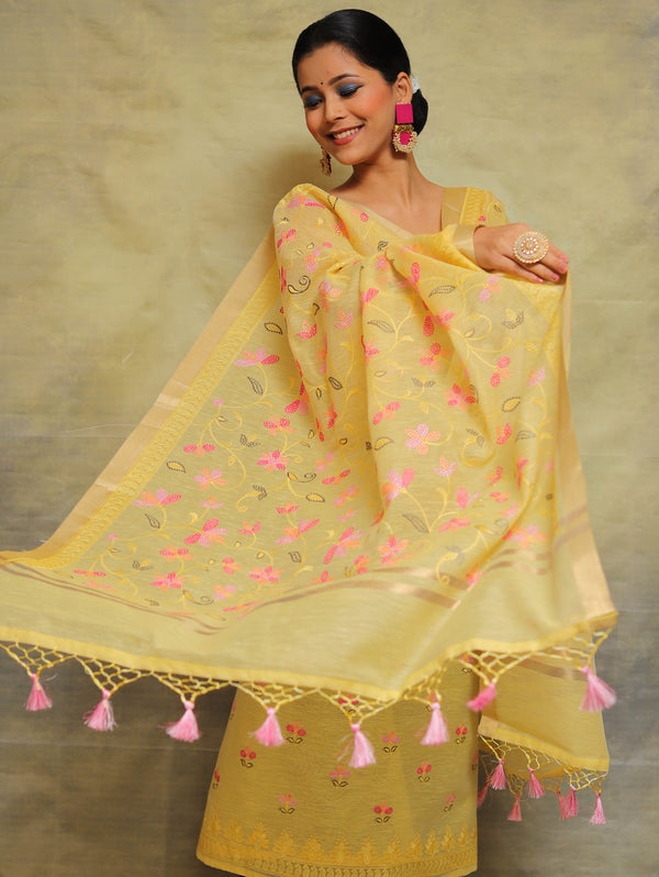 Banarasee Chanderi Cotton Salwar Kameez Fabric With Embroidery Work-Yellow