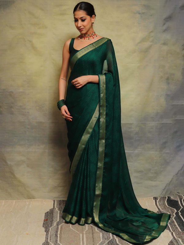 Banarasee Chiffon Blend Saree Chunri Print Zari Border & Silk Blouse-Green