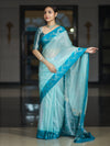 Banarasee Handloom Plain Semi Silk Saree With Contrast Floral Border-Turquoise Blue