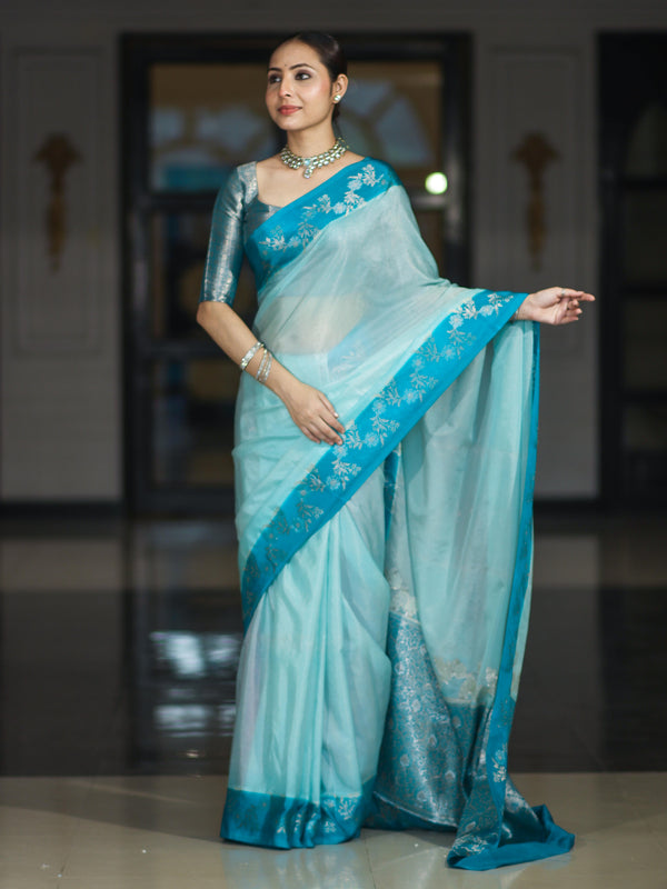 Banarasee Handloom Plain Semi Silk Saree With Contrast Floral Border-Turquoise Blue
