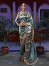 Banarasee Handwoven Plain Tissue Saree With Gold Zari Border & Lace-Sea Blue