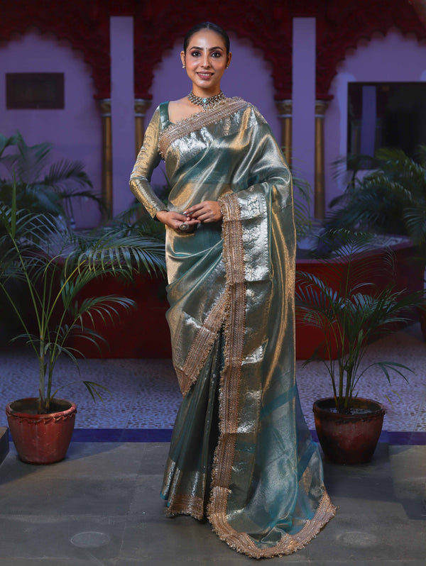 Banarasee Handwoven Plain Tissue Saree With Gold Zari Border & Lace-Sea Blue