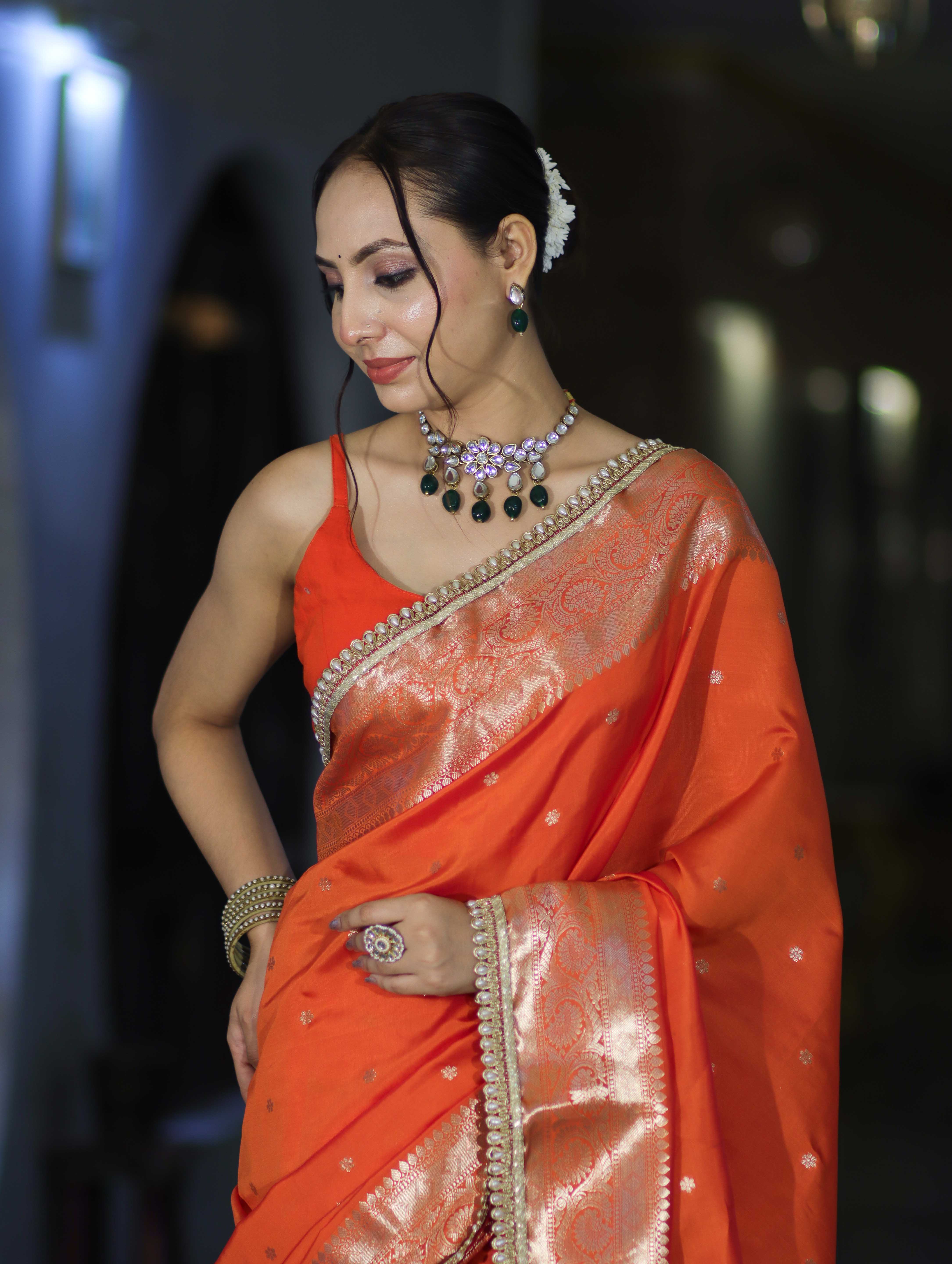 Banarasee Handloom Semi Silk Saree With Buti Design Zari Border & Lace-Orange