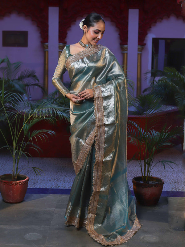 Banarasee Handwoven Plain Tissue Saree With Gold Zari Border & Lace-Sea Blue