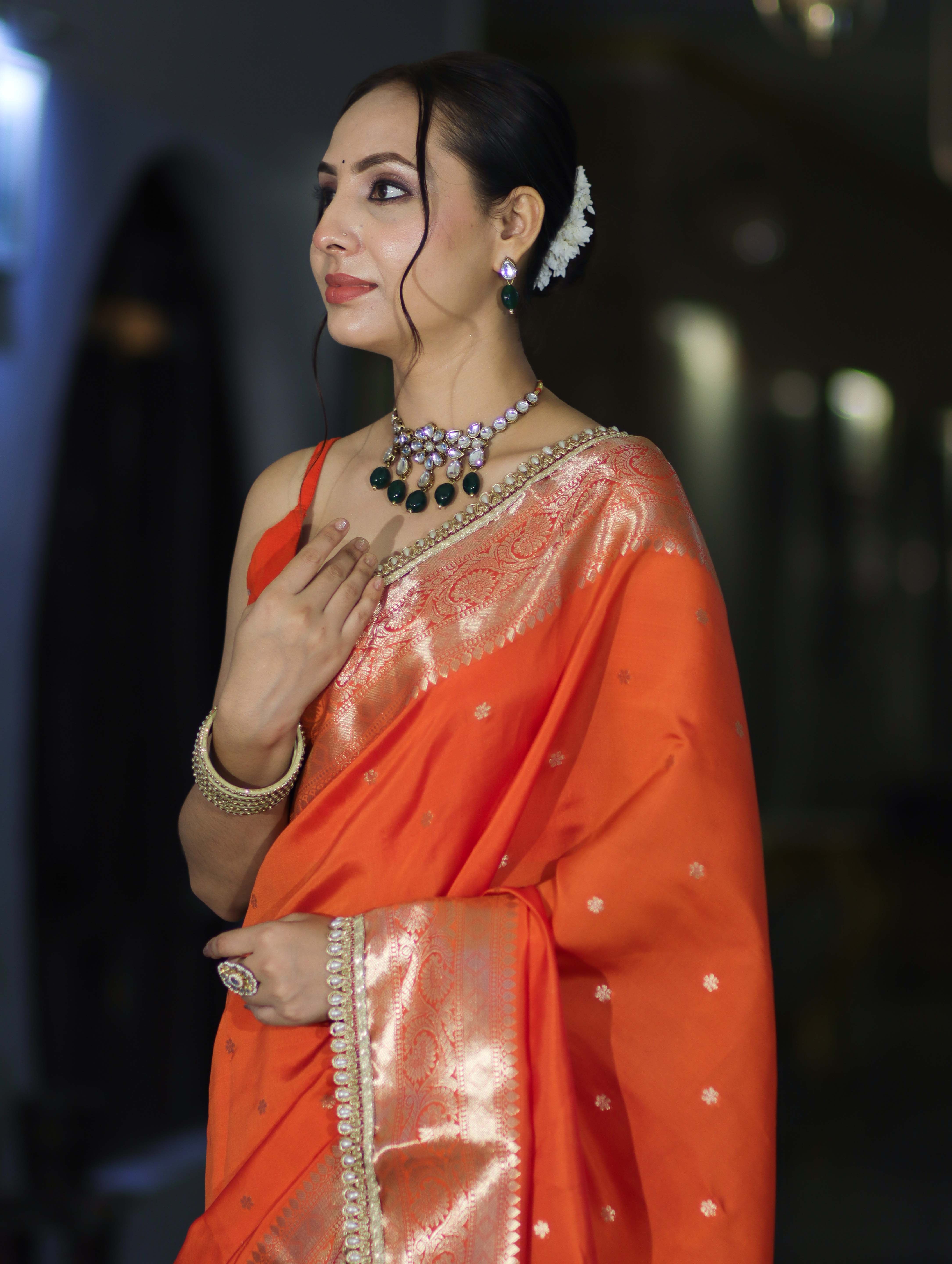 Banarasee Handloom Semi Silk Saree With Buti Design Zari Border & Lace-Orange