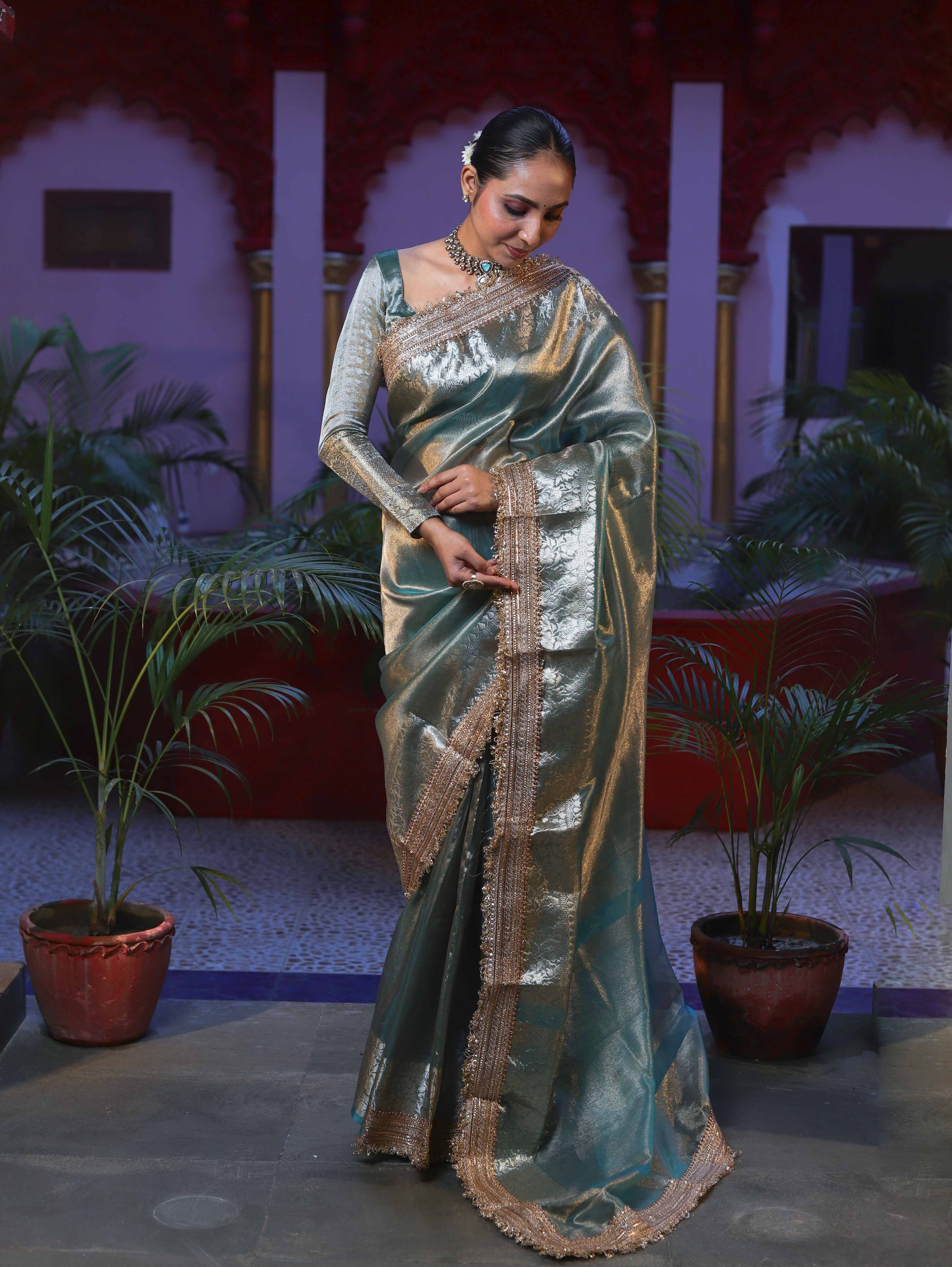Banarasee Handwoven Plain Tissue Saree With Gold Zari Border & Lace-Sea Blue