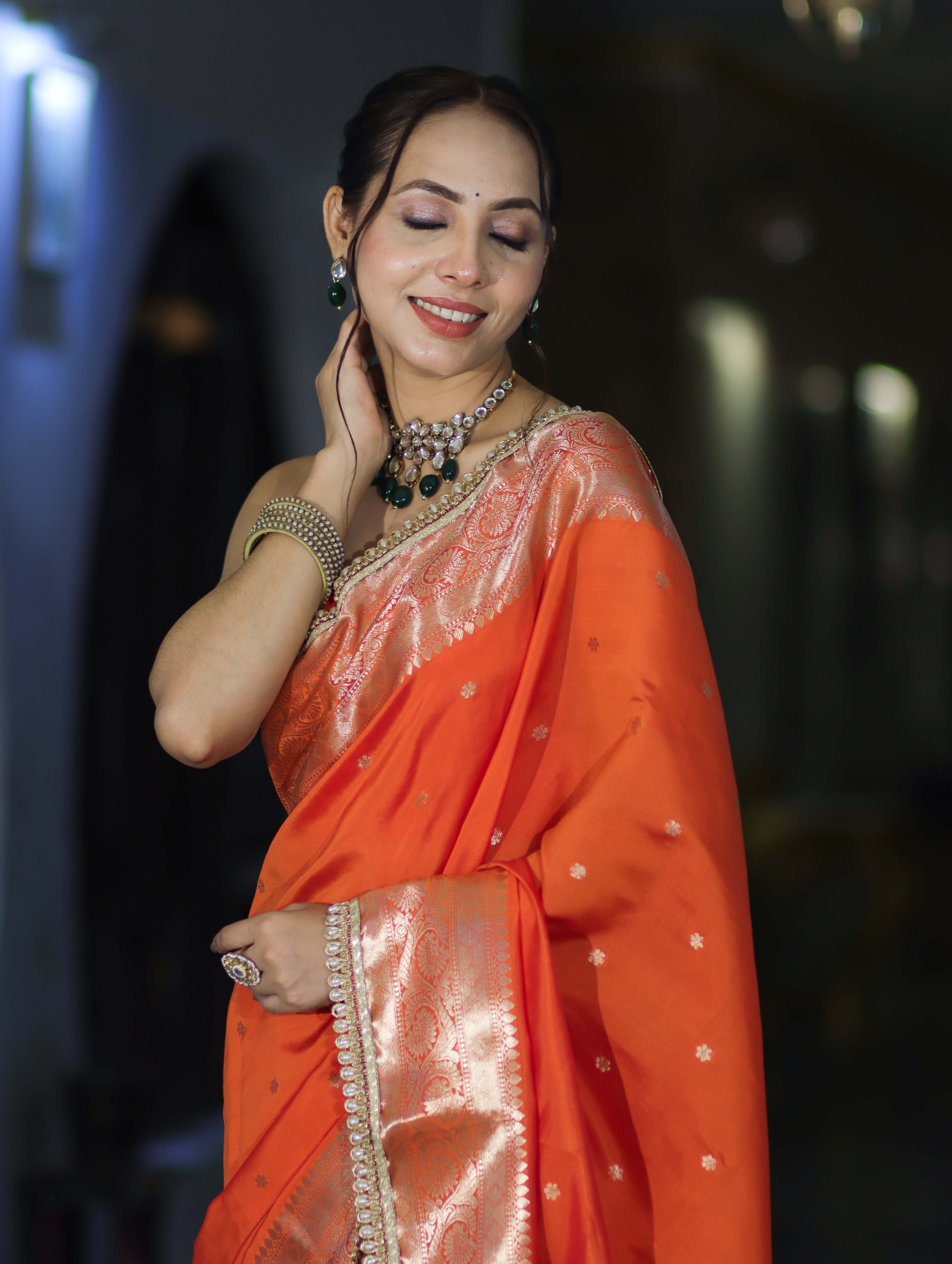 Banarasee Handloom Semi Silk Saree With Buti Design Zari Border & Lace-Orange