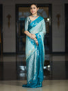 Banarasee Handloom Plain Semi Silk Saree With Contrast Floral Border-Turquoise Blue