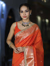 Banarasee Handloom Semi Silk Saree With Buti Design Zari Border & Lace-Orange