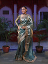 Banarasee Handwoven Plain Tissue Saree With Gold Zari Border & Lace-Sea Blue