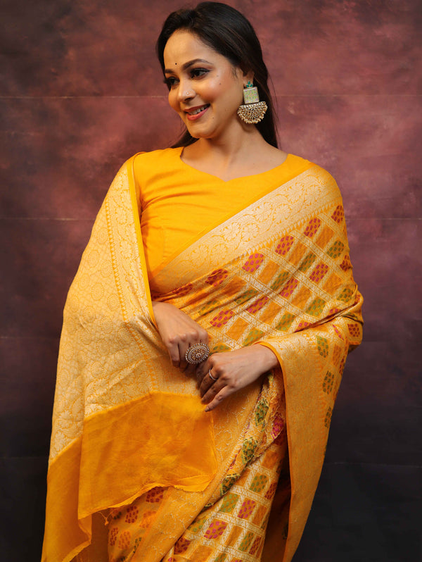 Banarasee Chiffon Zari Jaal & Resham Work Saree-Yellow