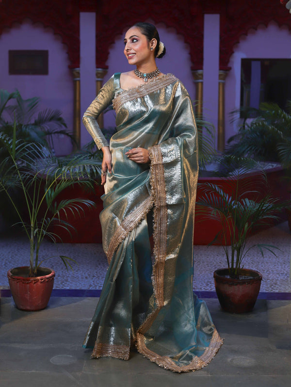 Banarasee Handwoven Plain Tissue Saree With Gold Zari Border & Lace-Sea Blue