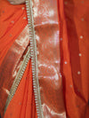 Banarasee Handloom Semi Silk Saree With Buti Design Zari Border & Lace-Orange