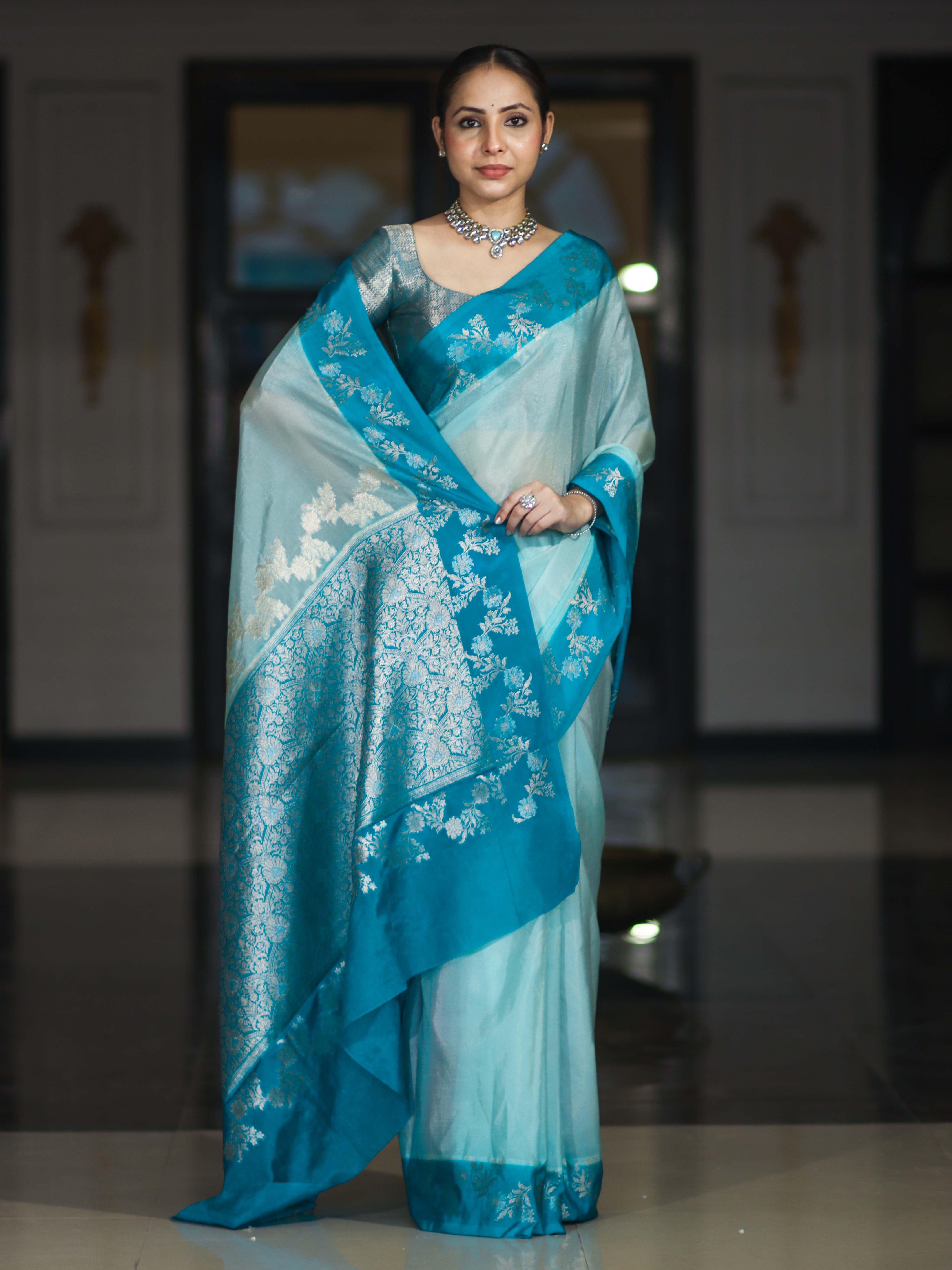 Banarasee Handloom Plain Semi Silk Saree With Contrast Floral Border-Turquoise Blue