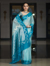 Banarasee Handloom Plain Semi Silk Saree With Contrast Floral Border-Turquoise Blue