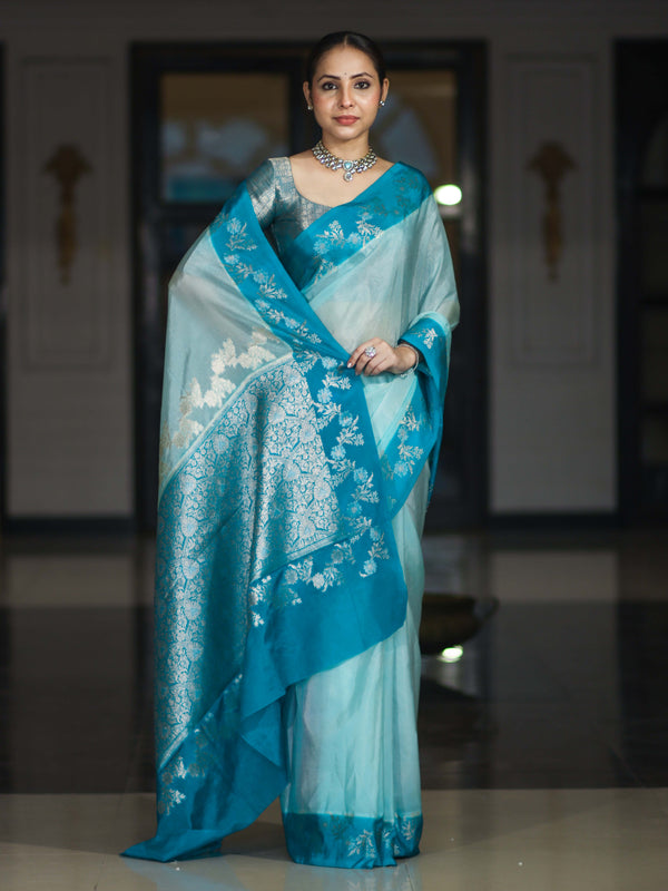 Banarasee Handloom Plain Semi Silk Saree With Contrast Floral Border-Turquoise Blue