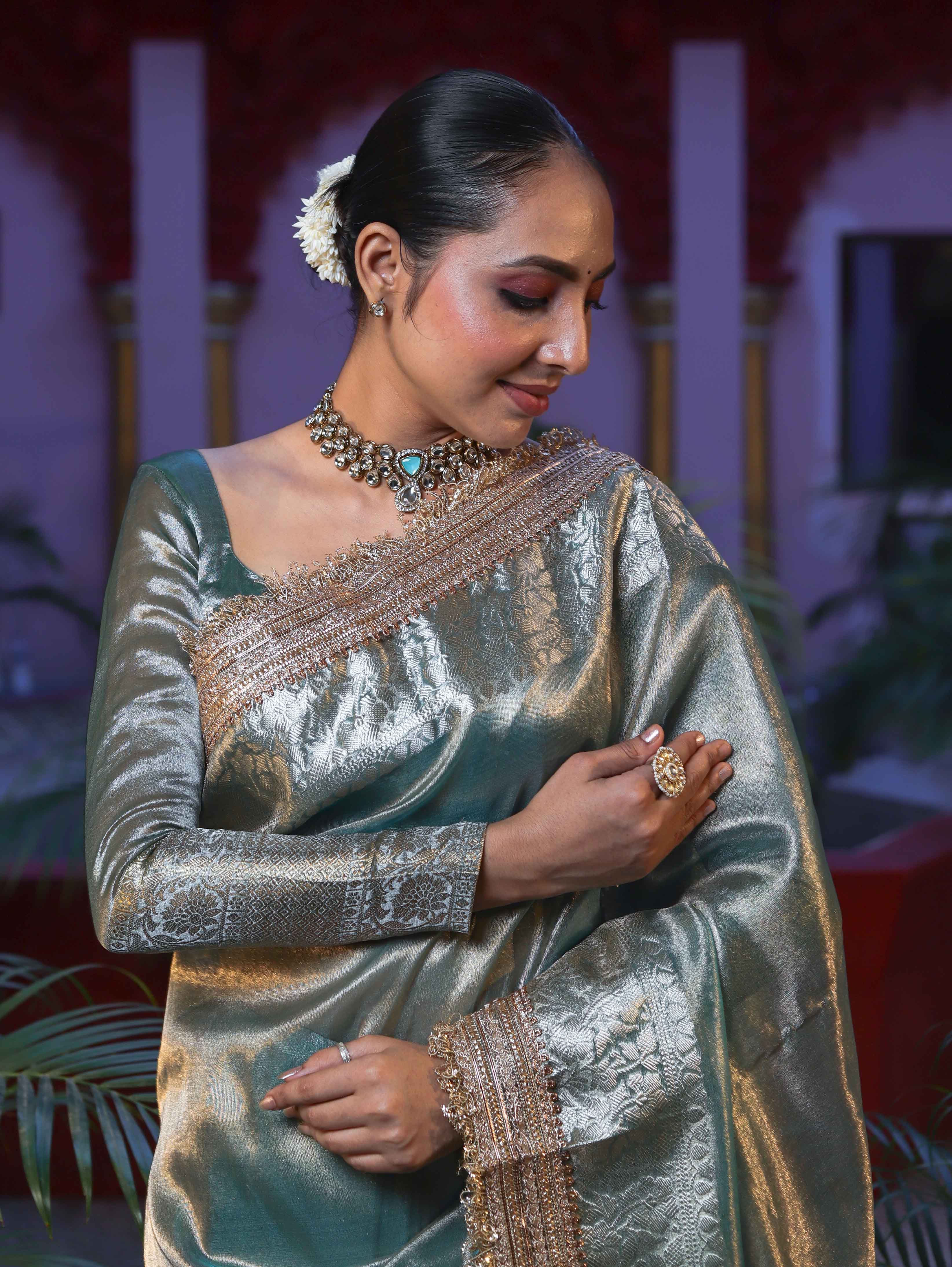Banarasee Handwoven Plain Tissue Saree With Gold Zari Border & Lace-Sea Blue