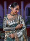 Banarasee Handwoven Plain Tissue Saree With Gold Zari Border & Lace-Sea Blue