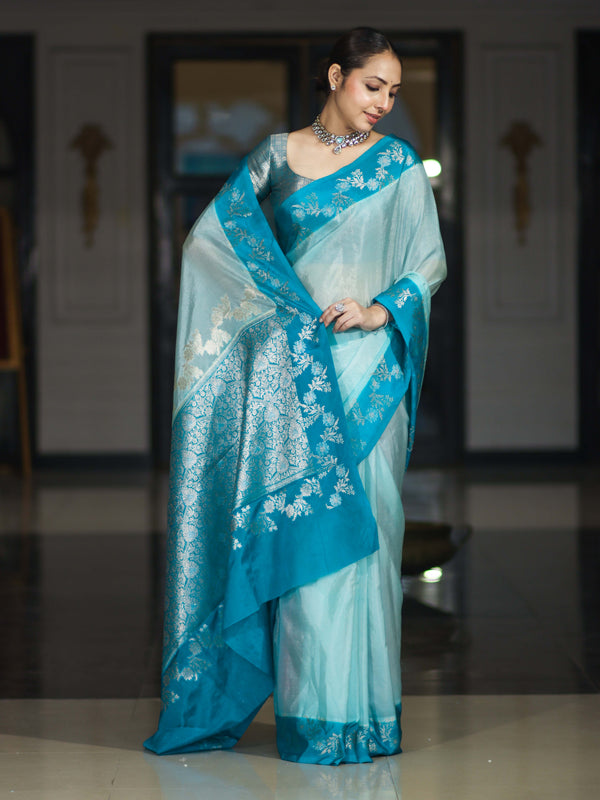 Banarasee Handloom Plain Semi Silk Saree With Contrast Floral Border-Turquoise Blue