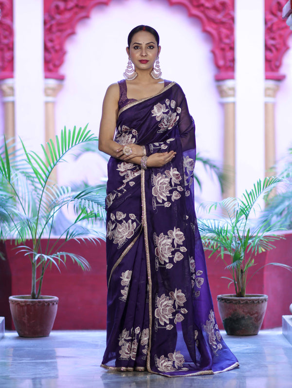 Banarasee Handloom Chanderi Cotton Saree With Applique Work & Lace-Violet