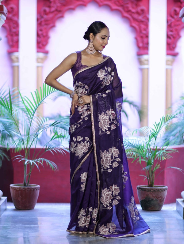 Banarasee Handloom Chanderi Cotton Saree With Applique Work & Lace-Violet