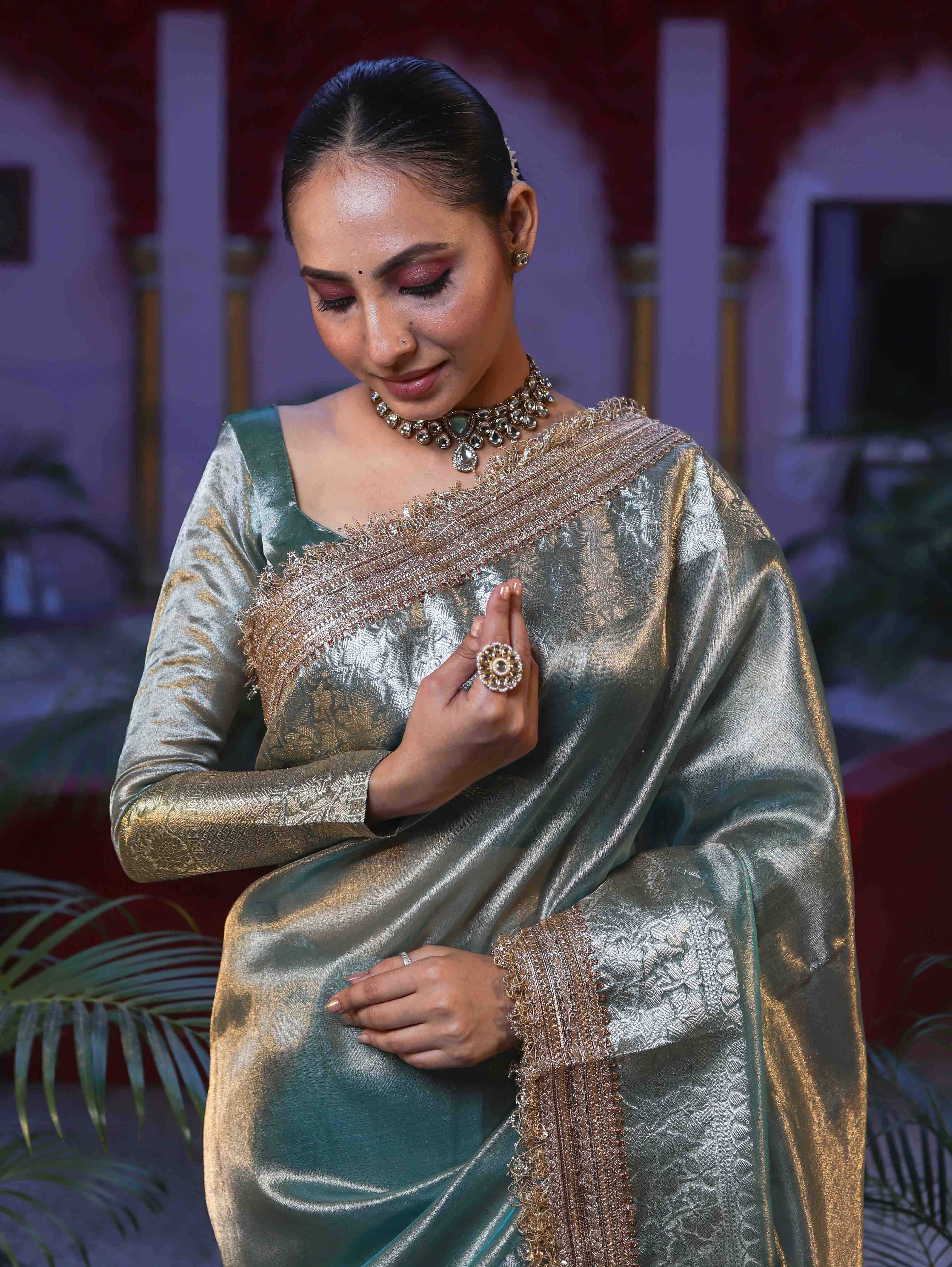 Banarasee Handwoven Plain Tissue Saree With Gold Zari Border & Lace-Sea Blue