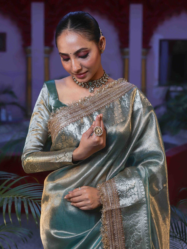 Banarasee Handwoven Plain Tissue Saree With Gold Zari Border & Lace-Sea Blue