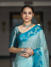 Banarasee Handloom Plain Semi Silk Saree With Contrast Floral Border-Turquoise Blue
