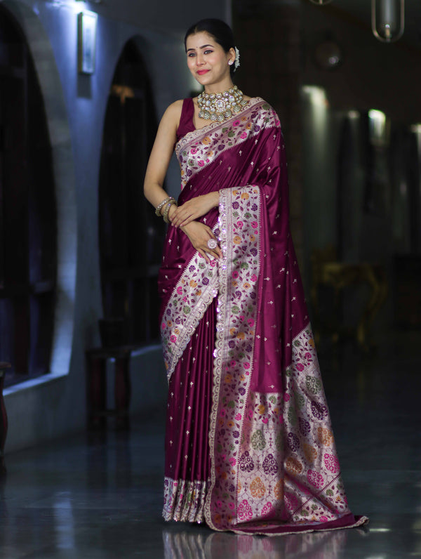 Banarasee Handloom Mashru Silk Saree With Buti Design Meenadar Border & Pallu-Wine