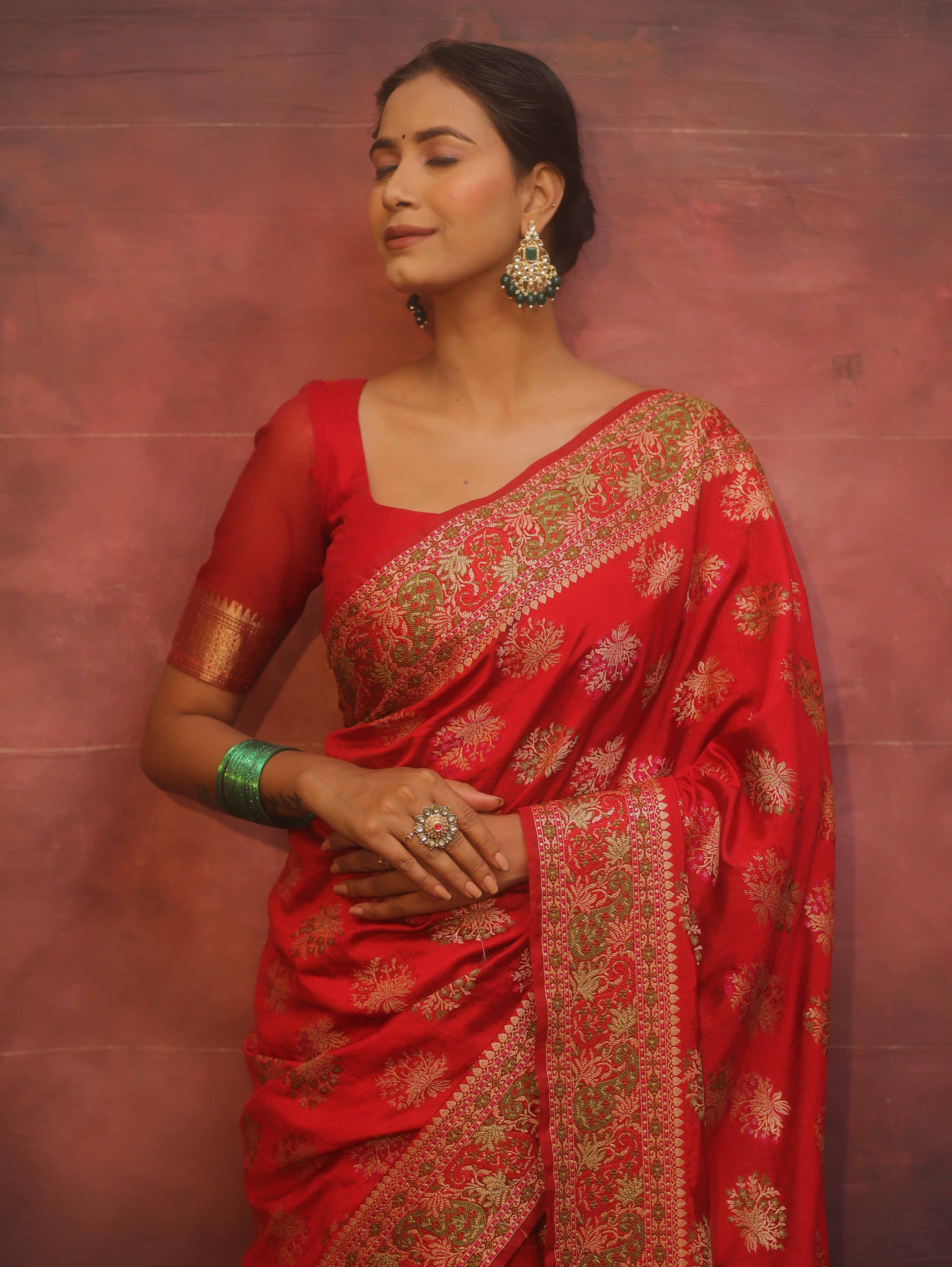 Banarasee Semi Georgette Saree With Resham Buta Design & Border-Red