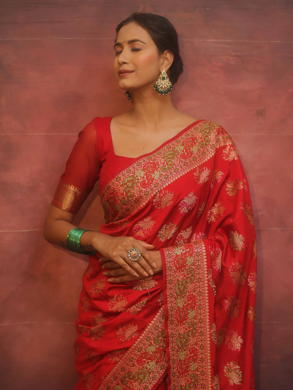 Banarasee Semi Georgette Saree With Resham Buta Design & Border-Red