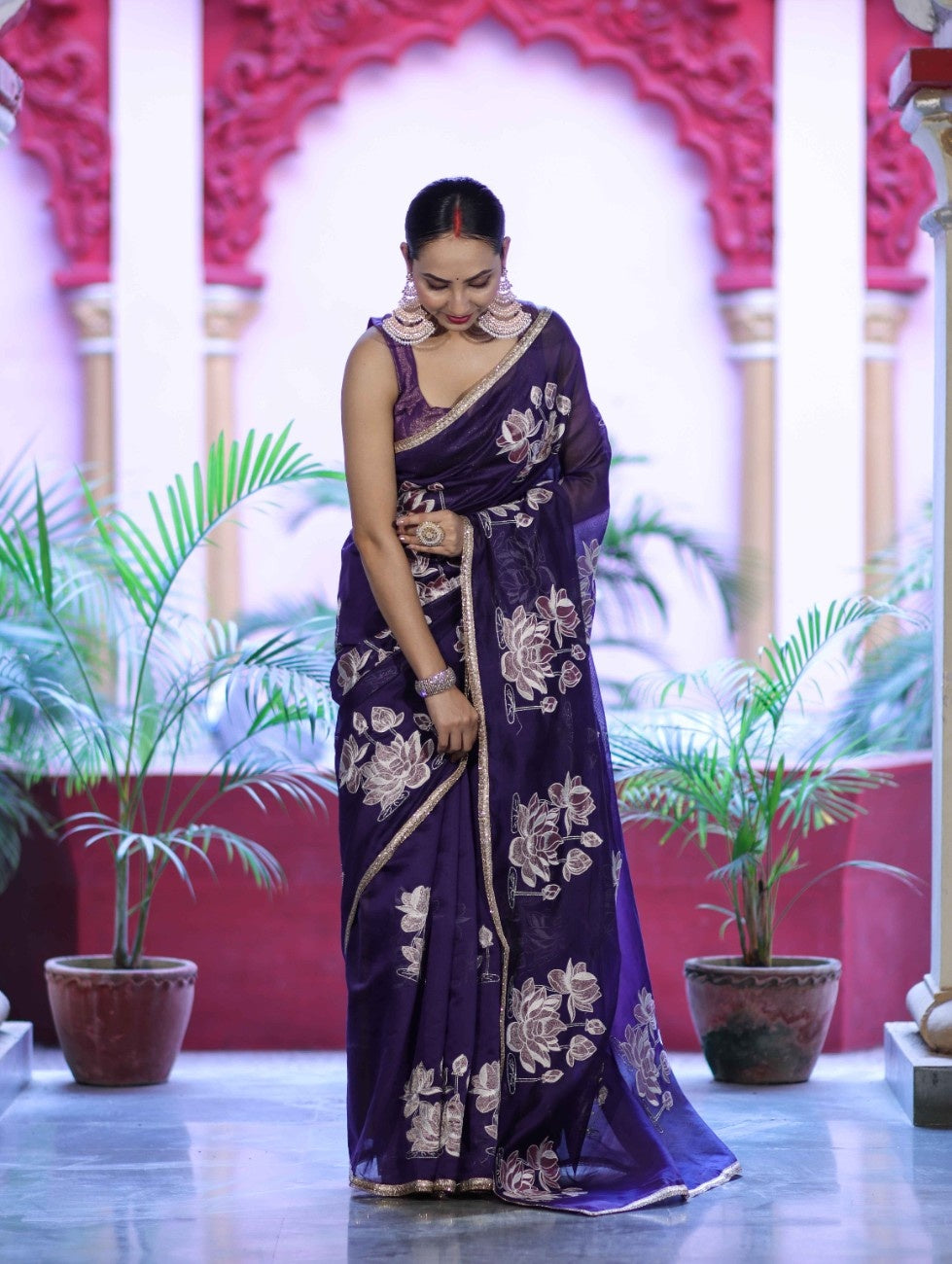 Banarasee Handloom Chanderi Cotton Saree With Applique Work & Lace-Violet