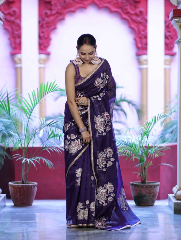 Banarasee Handloom Chanderi Cotton Saree With Applique Work & Lace-Violet
