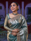 Banarasee Handwoven Plain Tissue Saree With Gold Zari Border & Lace-Sea Blue