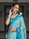 Banarasee Handloom Plain Semi Silk Saree With Contrast Floral Border-Turquoise Blue