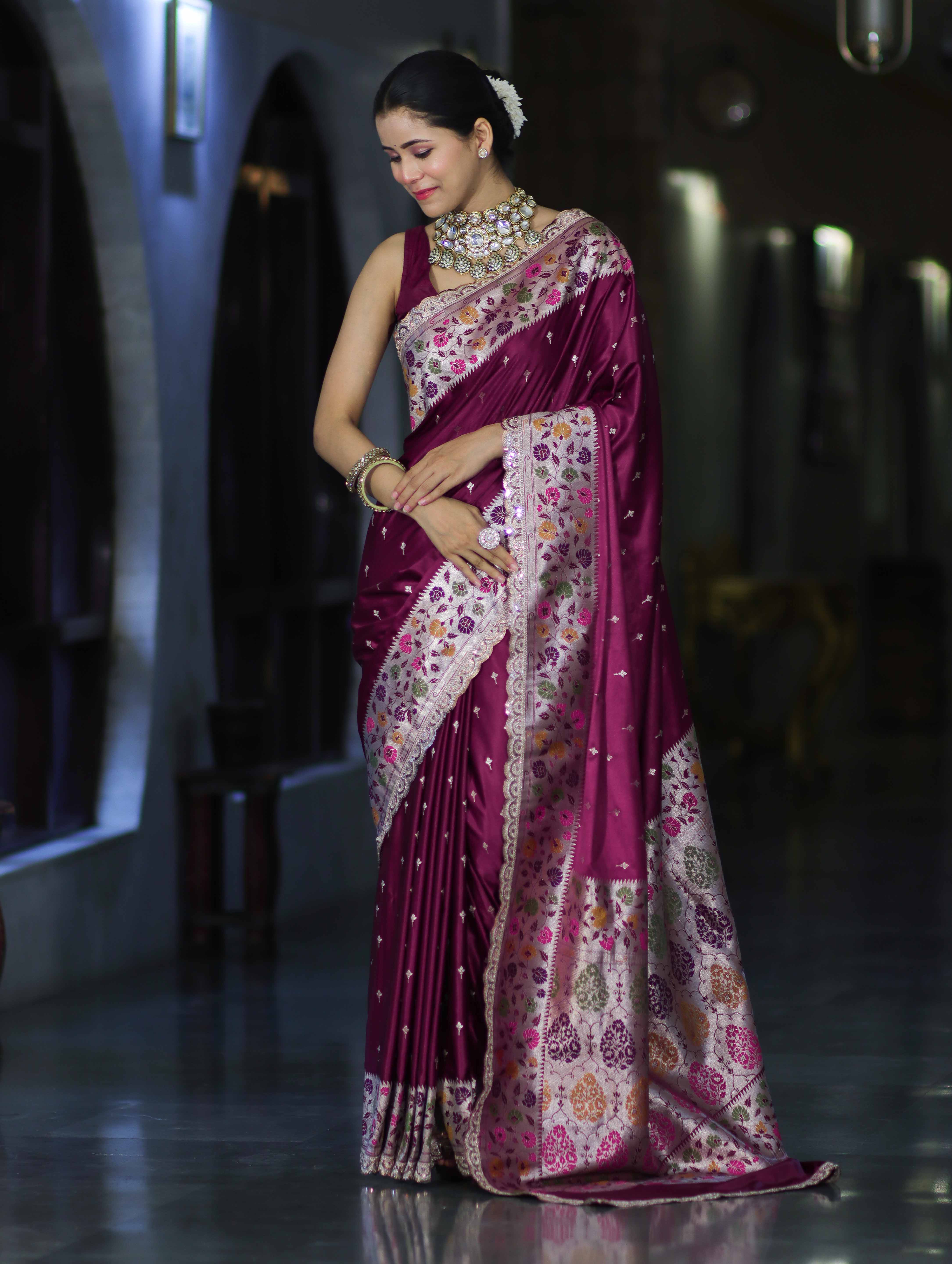 Banarasee Handloom Mashru Silk Saree With Buti Design Meenadar Border & Pallu-Wine