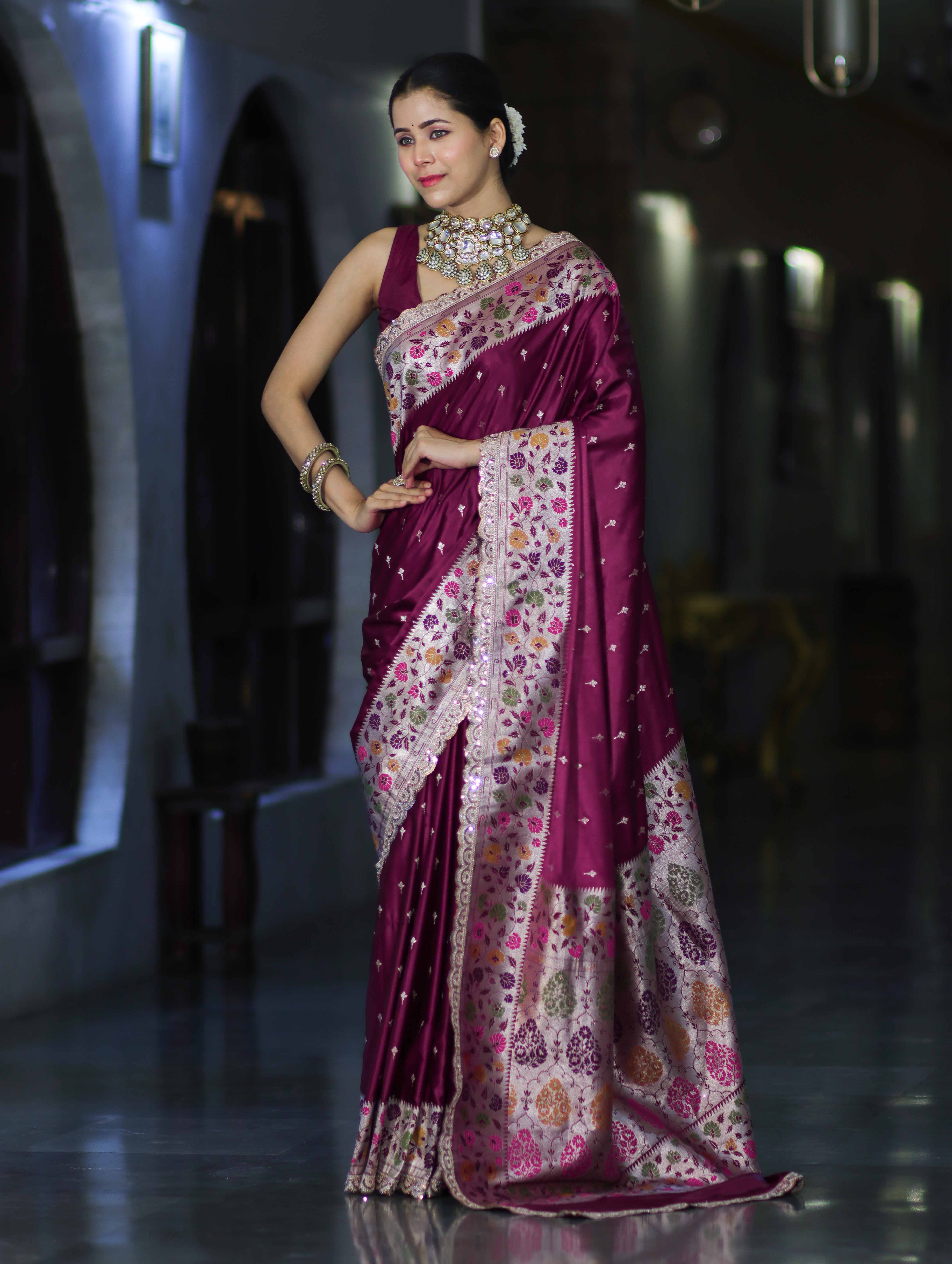 Banarasee Handloom Mashru Silk Saree With Buti Design Meenadar Border & Pallu-Wine