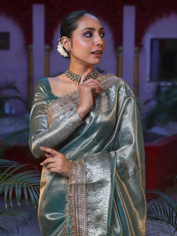 Banarasee Handwoven Plain Tissue Saree With Gold Zari Border & Lace-Sea Blue