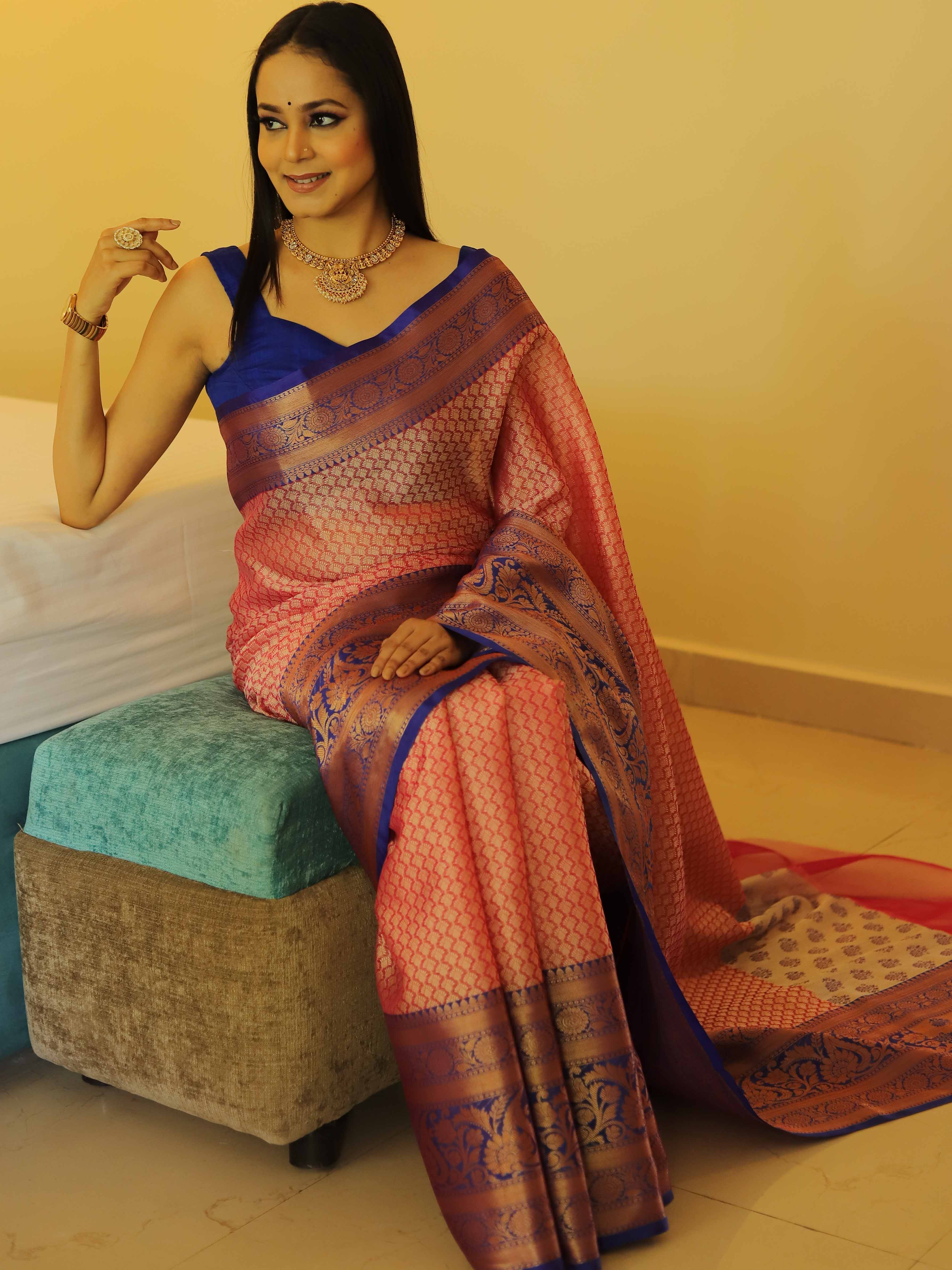 Banarasee Kora Muslin Saree With Jaal Design & Skirt Border-Peach & Blue