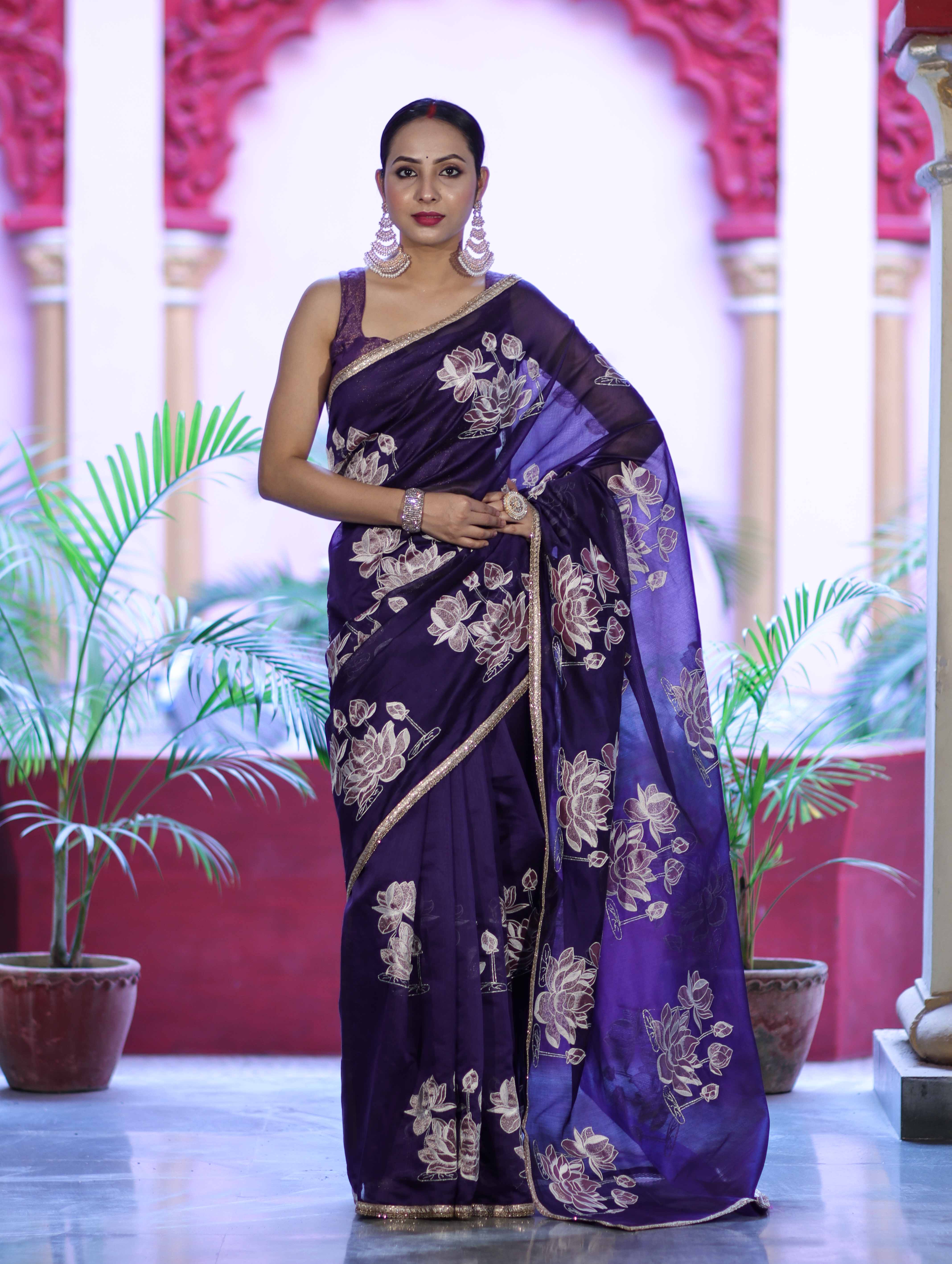 Banarasee Handloom Chanderi Cotton Saree With Applique Work & Lace-Violet