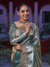 Banarasee Handwoven Plain Tissue Saree With Gold Zari Border & Lace-Sea Blue